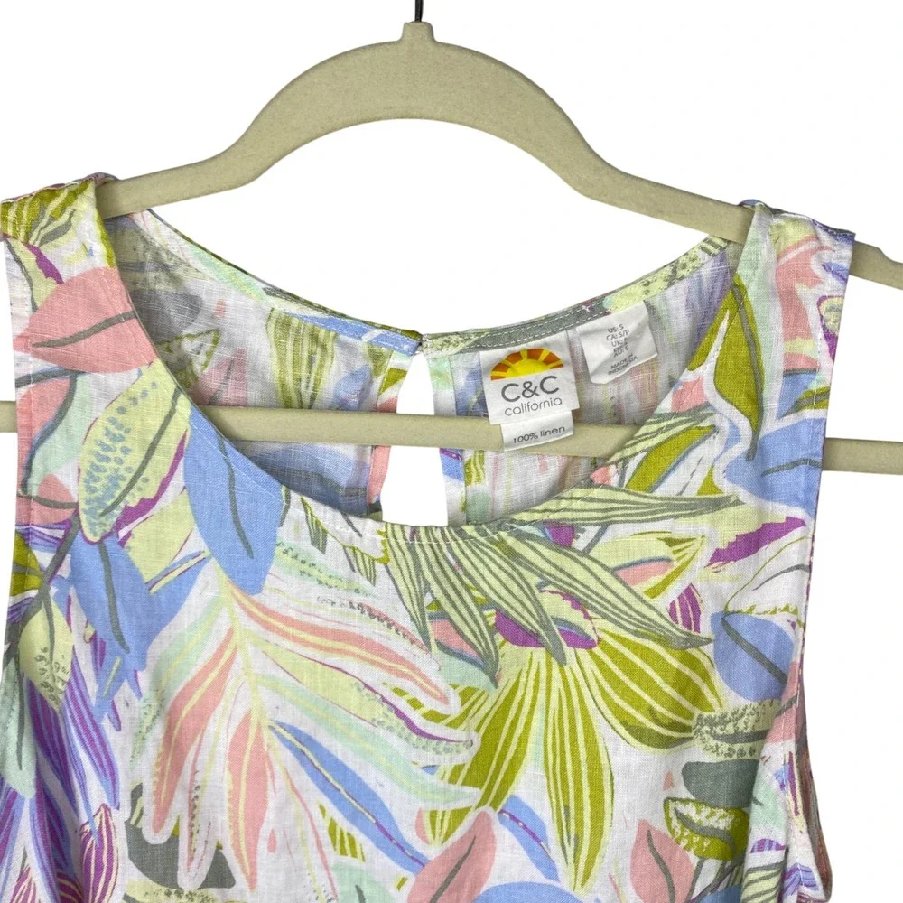 C&C California Women 100% Linen Tropical Pastel Floral Shift Dress Small Pockets